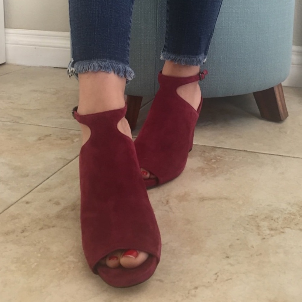 Burgundy Suede Ankle Strap Peep Toe Cone Sandal - Picture 1 of 4